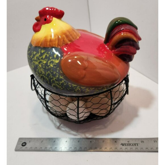 Ceramic Chicken Sitting on Black Metal Egg Basket with Eggs Farmhouse Decor - Picture 15 of 15